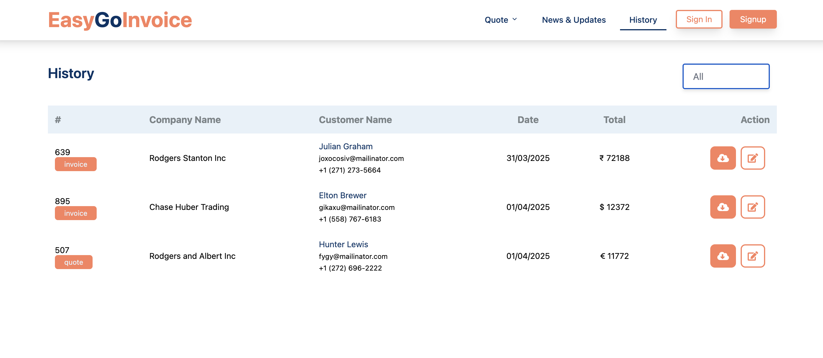 EasyGoInvoice History Page