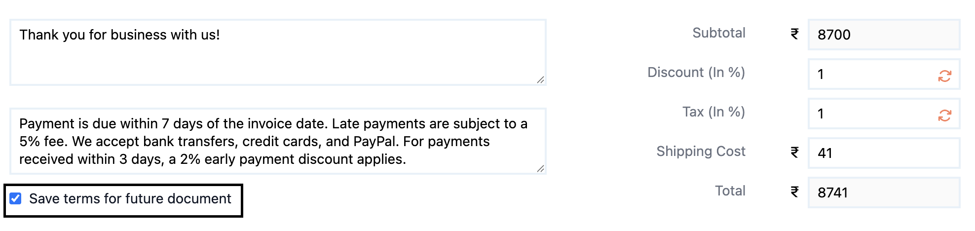 Save Payment Terms